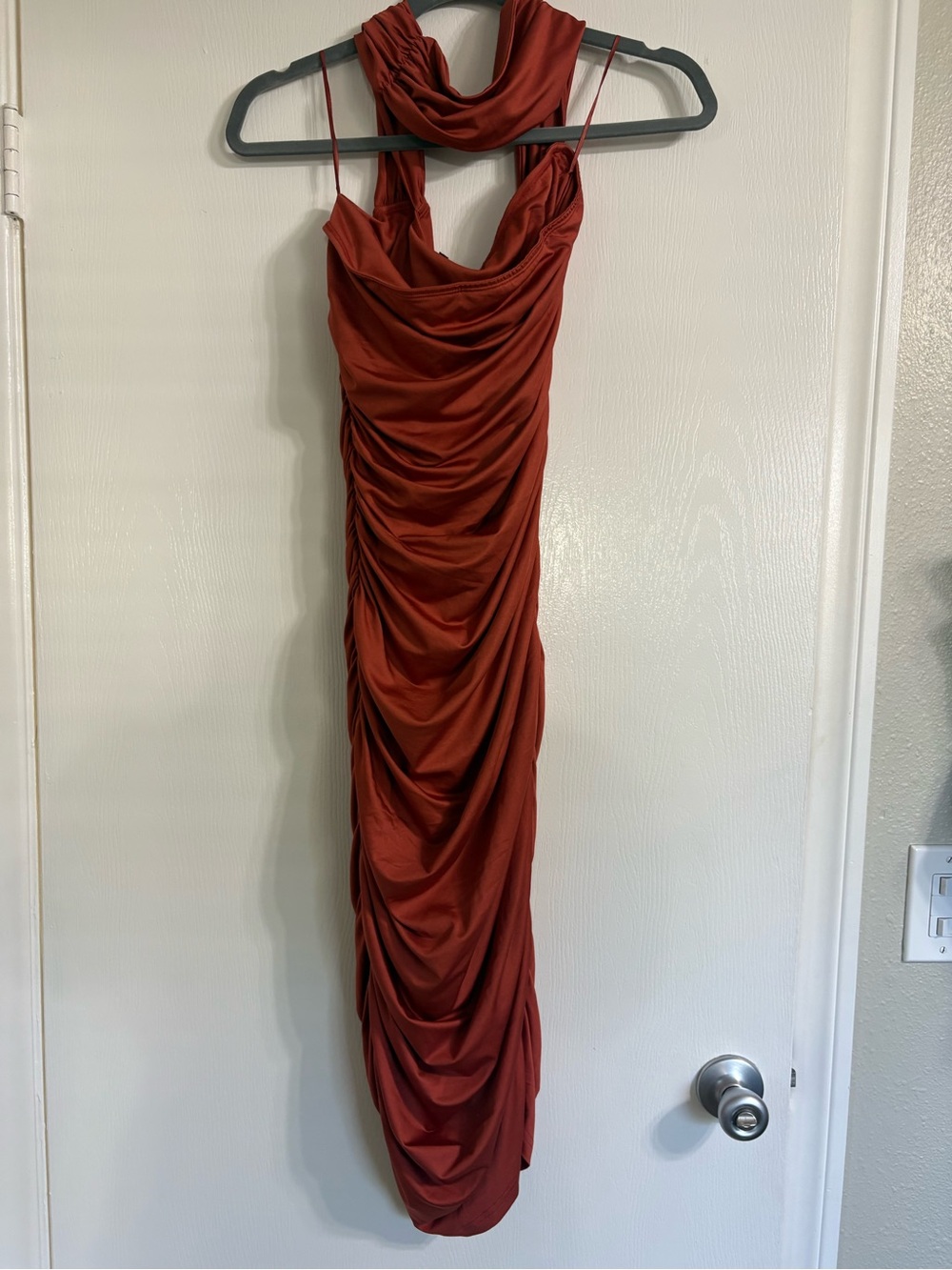 Fashion Nova Rust Red Ruched Cowl Midi Dress